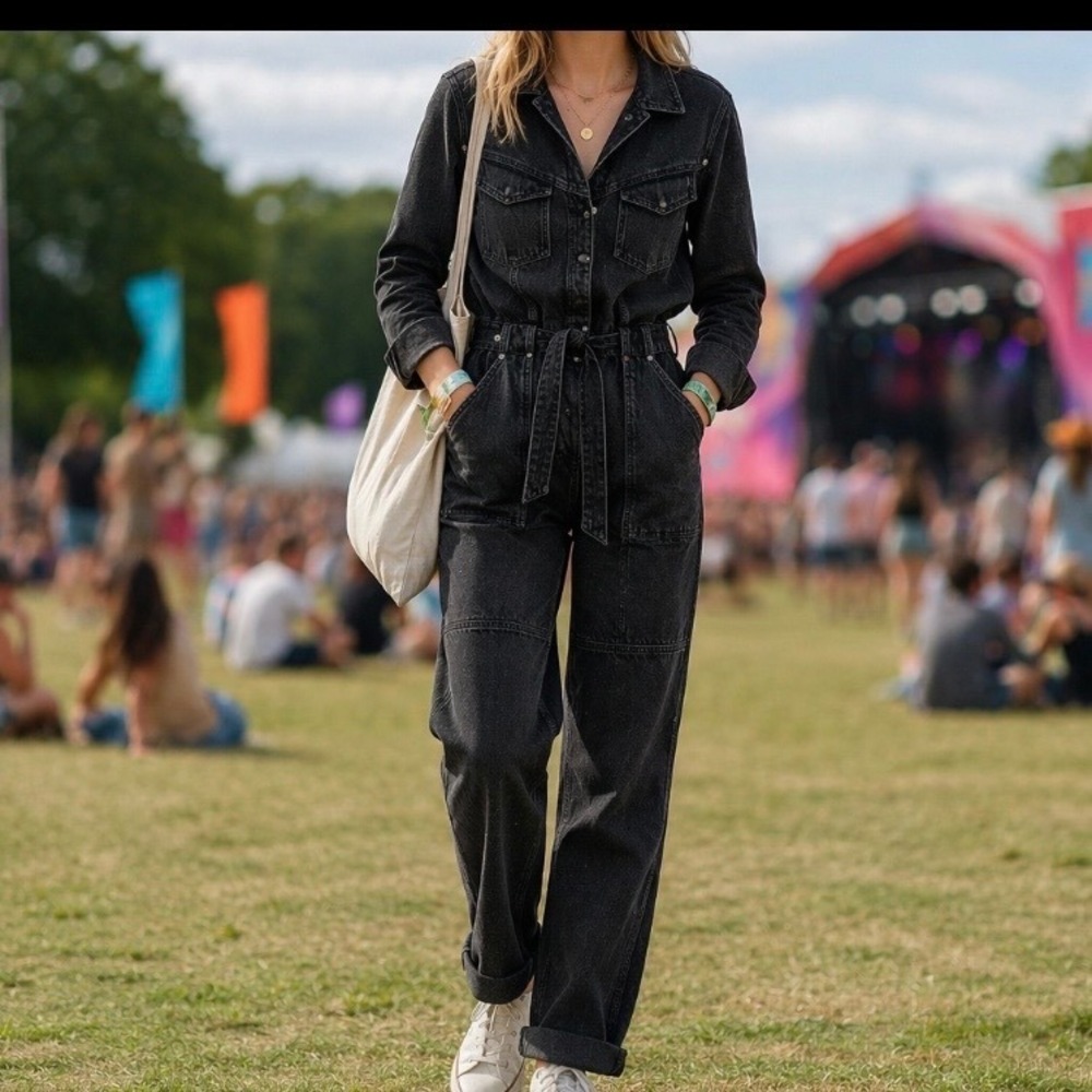 & Other Stories Stockholm Atelier Black Denim Utility Jumpsuit Boiler Suit US 6